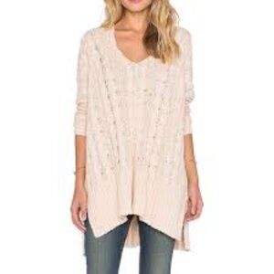 ✅ Free People Easy Cable V Neck Sweater LIGHT PINK‎ SIZE XS OVERSIZED